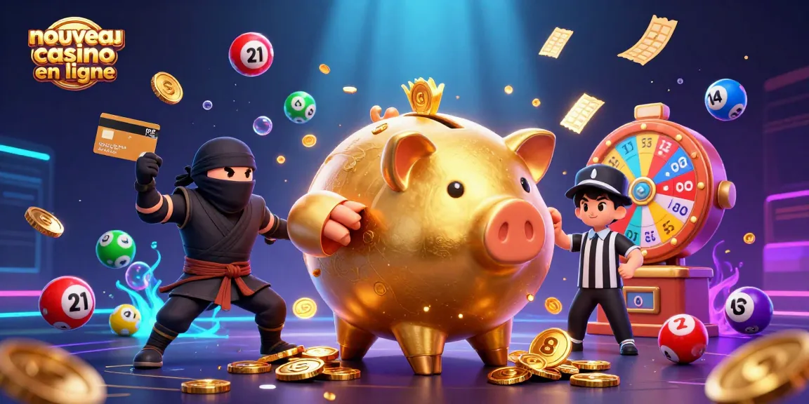 Illustration dynamique représentant un nouveau casino en ligne avec un sumo en or et des balles de loterie colorées.