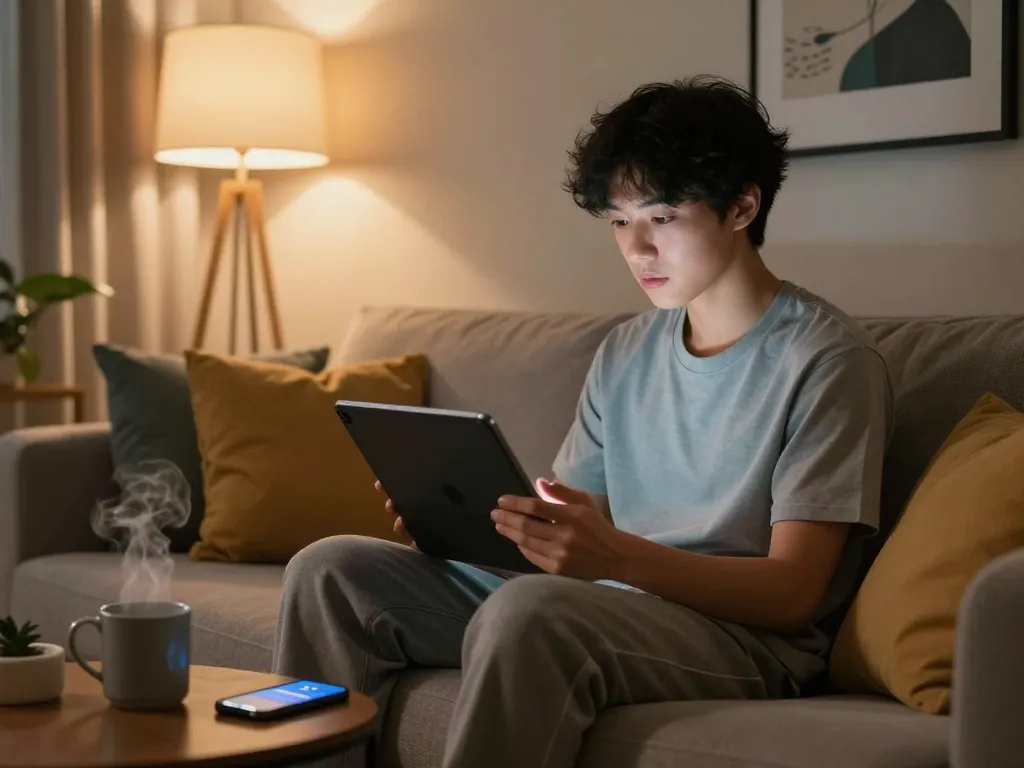 Engaging in sex chat AI on a tablet in a cozy apartment setting.