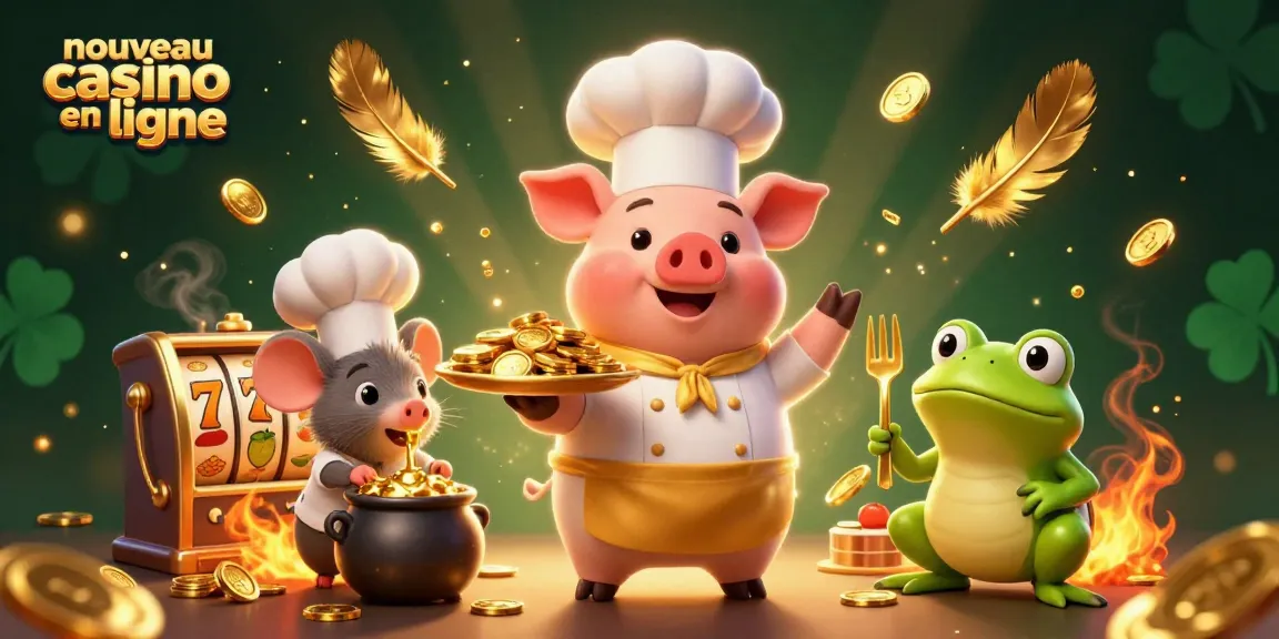 Illustration d'un nouveau casino en ligne avec un chef cochon servant des pièces d'or sur un plateau, entouré d'éléments de jeu.