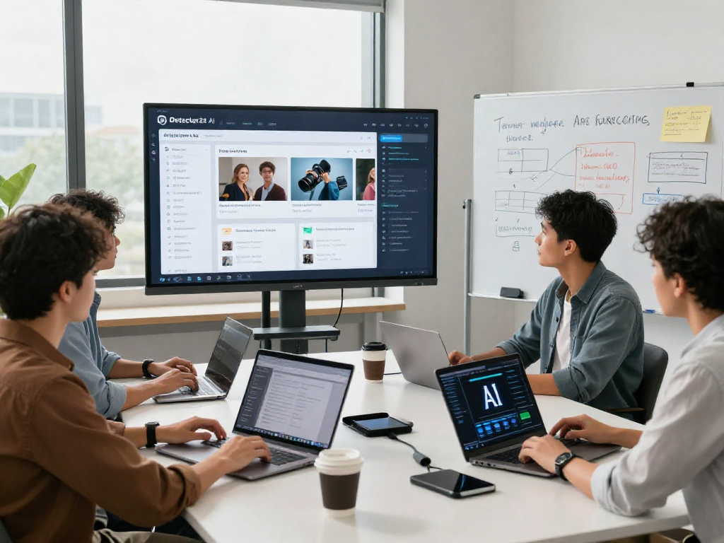 Detect AI image in a modern content moderation workspace showcasing diverse professionals collaborating on AI detection.