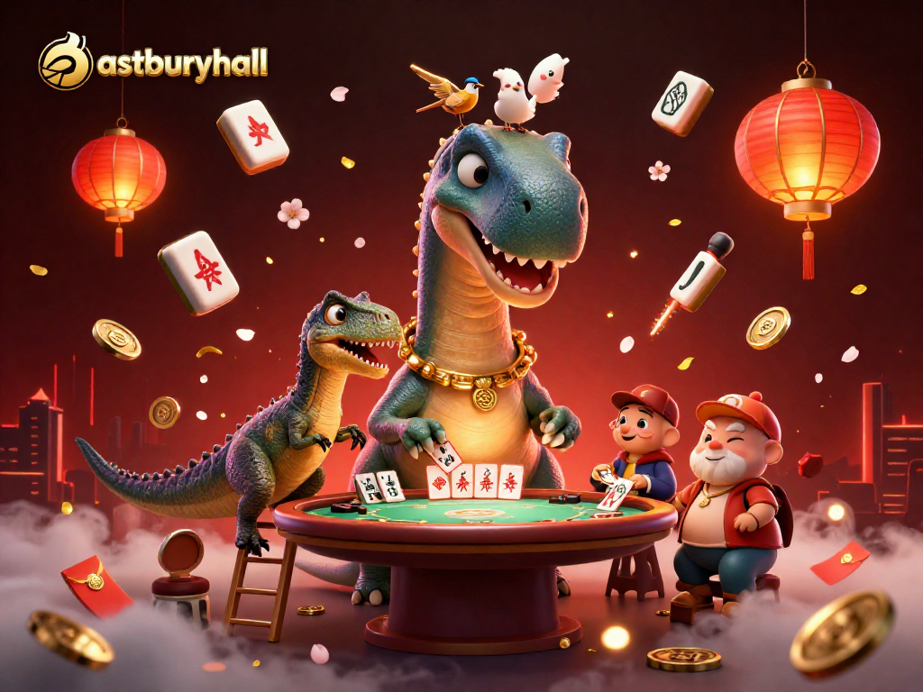 A vibrant casino scene featuring a brontosaurus and clever raptor at astburyhall, immersed in a gaming extravaganza.