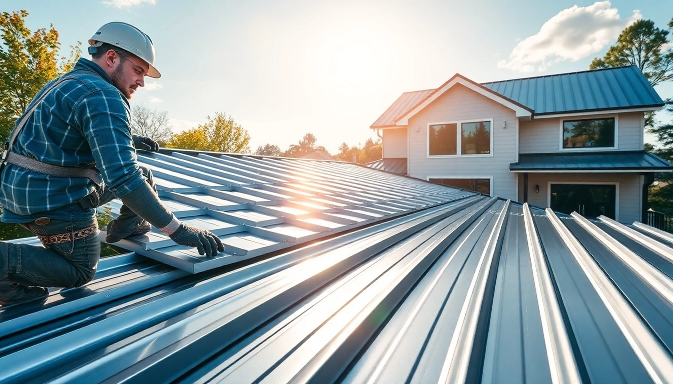 Showcasing metal roofing toronto installation; contractor aligning panels on a sunny day.
