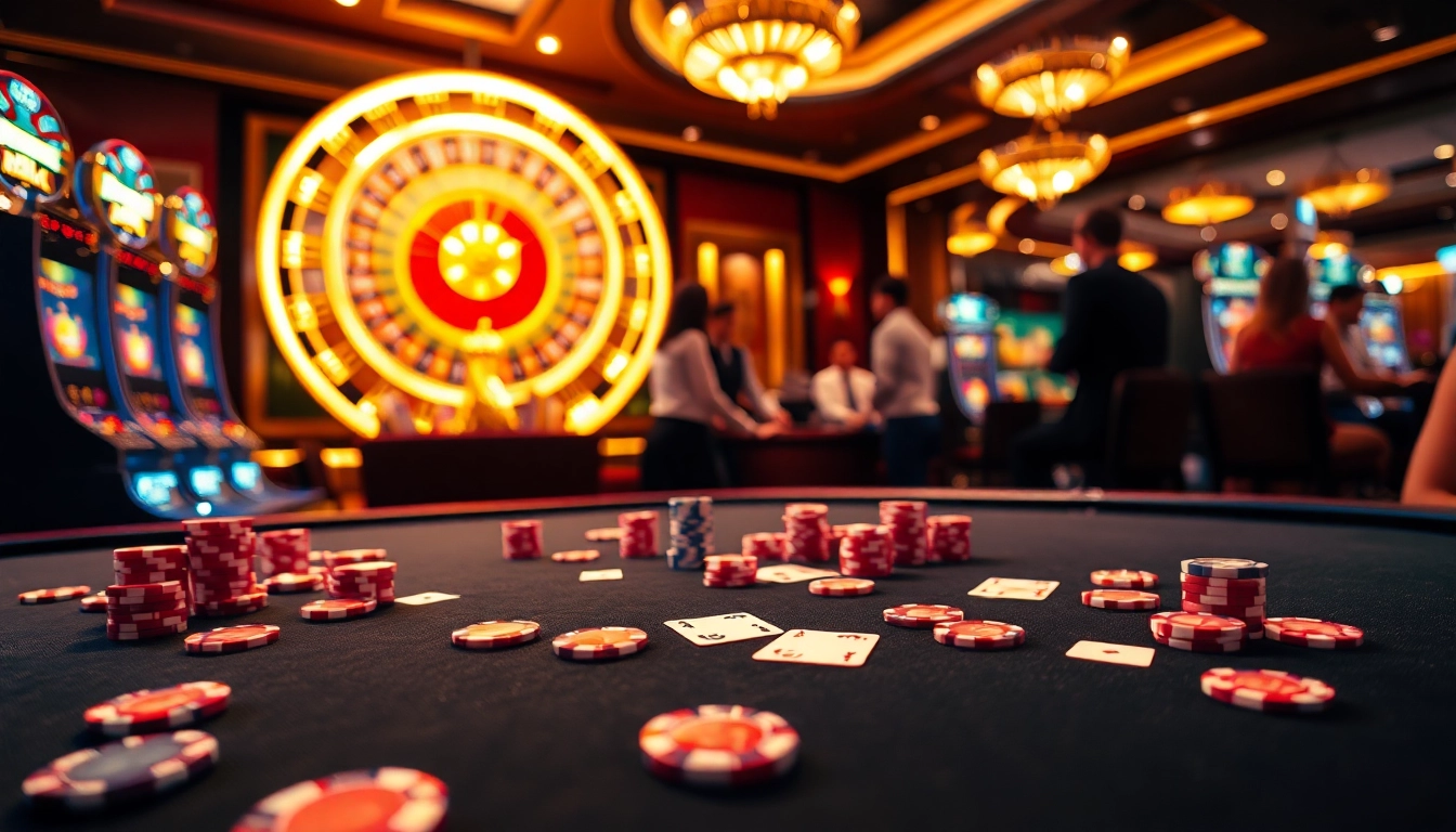 A luxurious gambling experience at https://go88casino.pro/ with vibrant poker chips and gleaming slot machines.