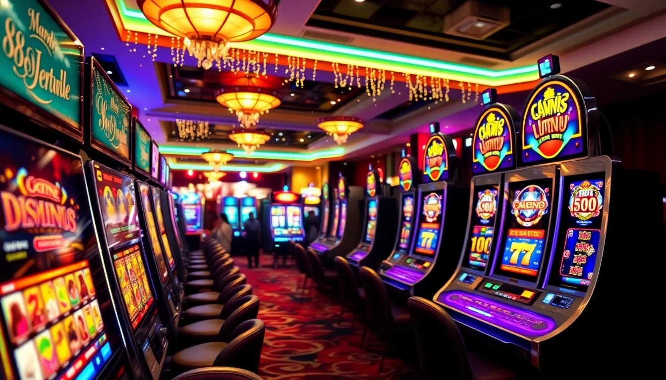 Bermain di mesin slot 88SLOTDEWA yang berwarna-warni di kasino yang meriah.