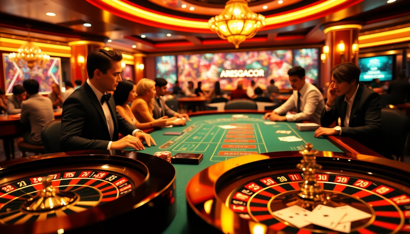 Intense players enjoying a vibrant ARESGACOR casino experience with poker chips and roulette wheel.