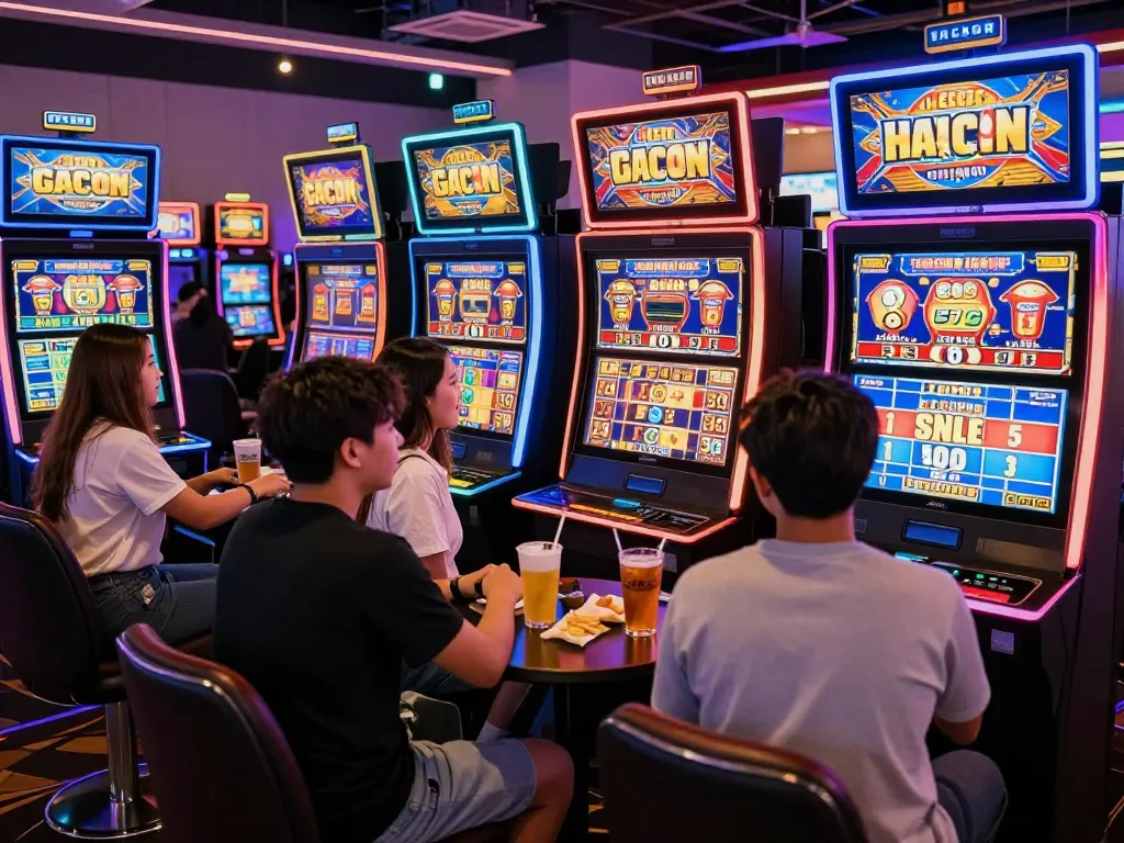 Orang-orang bermain slot gacor hari ini dengan semangat di lingkungan kasino yang berwarna-warni
