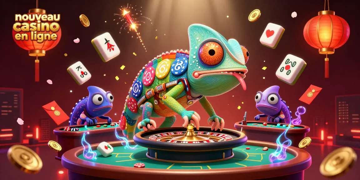 Découvrez l'animation captivante d'un nouveau casino en ligne avec un énorme caméléon et des éléments de jeu dynamiques.