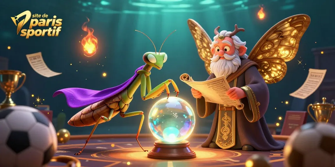 Un site de paris sportif vivant avec des éléments de jeu animés autour d'une mante voyante.