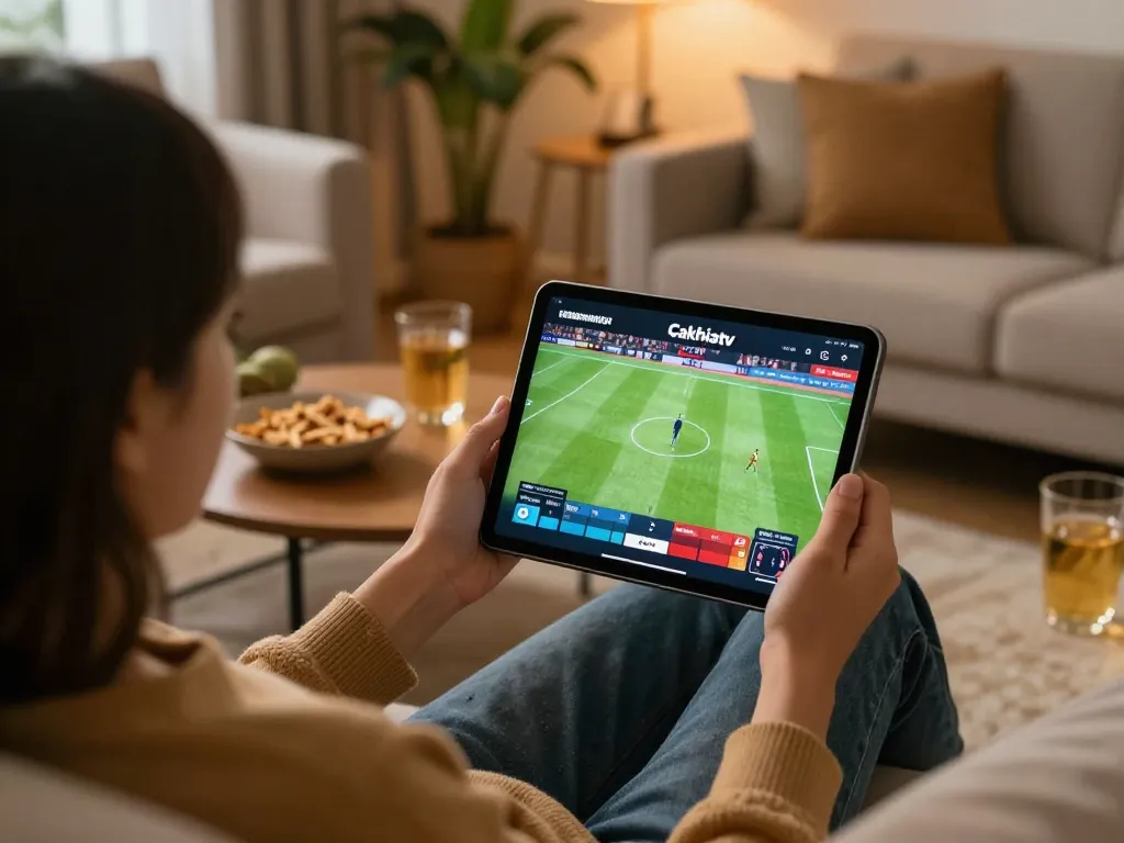 Streaming live football on https://cakhiatv.design/ from a cozy living room with snacks and drinks
