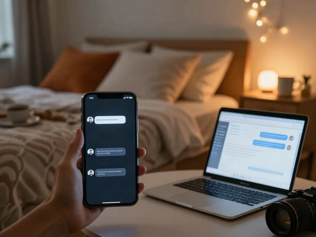 Engaging in AI sexting on a smartphone in a cozy bedroom setting with glowing chat bubbles.