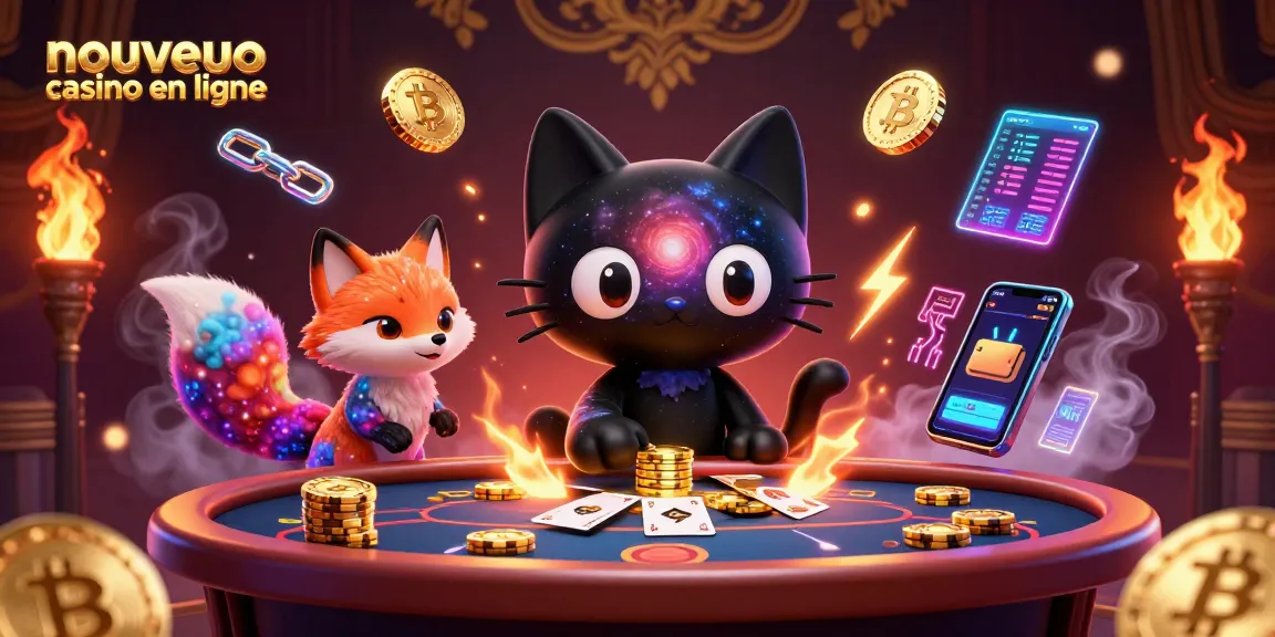Plongez dans l'univers d'un nouveau casino en ligne avec un chat noir gravitationnel et un renard nébuleux attirant des jetons d'or.