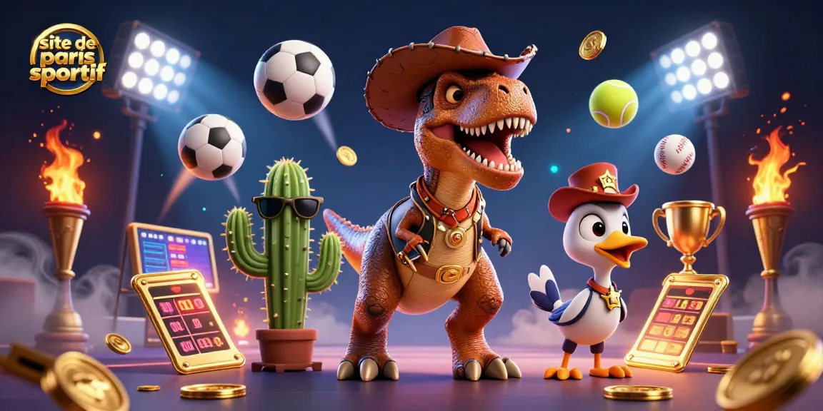 Pariez sur le site de paris sportif avec un T-Rex cowboy, un cactus cool et un héraut au badge, un mélange sportif captivant.