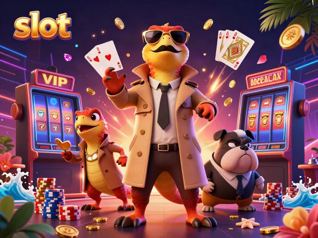 Three raptors in a trench coat enter a VIP lounge, surrounded by slot machine elements.