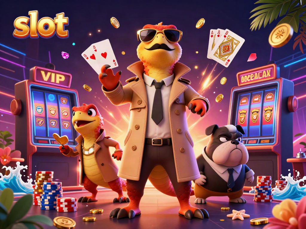 Three raptors in a trench coat enter a VIP lounge, surrounded by slot machine elements.