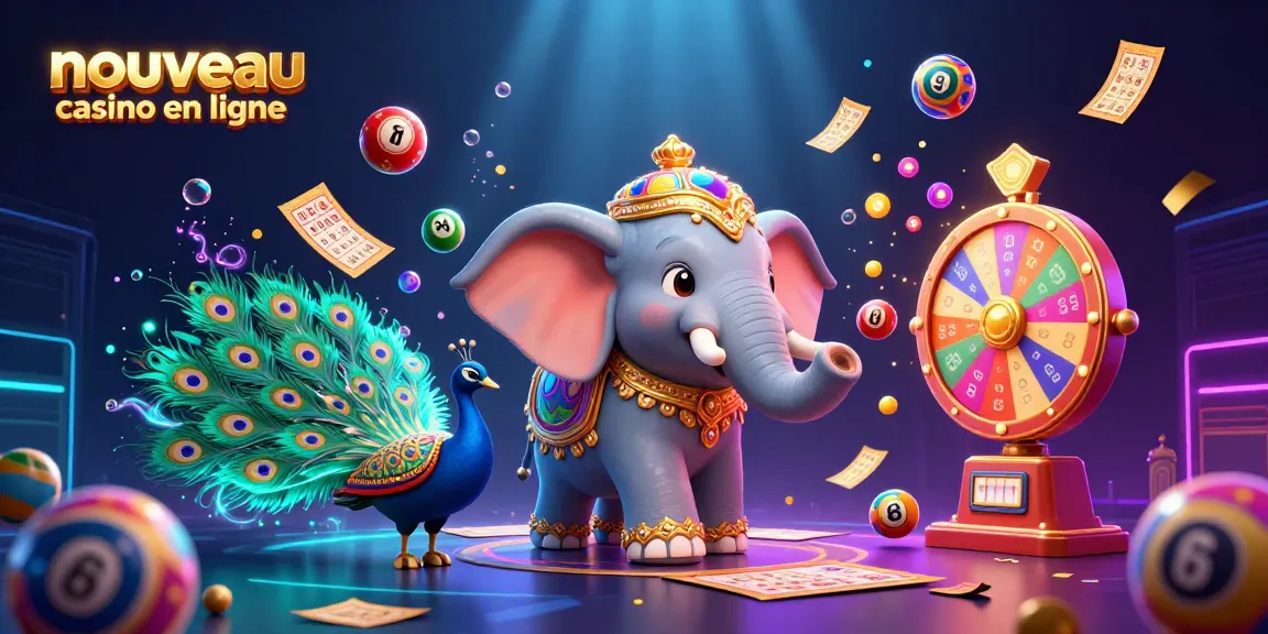 Découvrez l'énergie des jeux au nouveau casino en ligne avec un éléphant coloré, un paon, et des éléments de loterie vibrants.