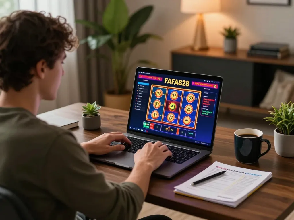 Player enjoying exciting FAFA828 online slots in a cozy home setting with strategic notes.