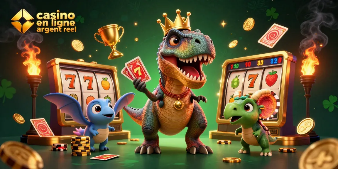 Jouer au casino en ligne argent réel : illustration dynamique avec un T-Rex et un pterodactyle dans un décor de jeux de casino.
