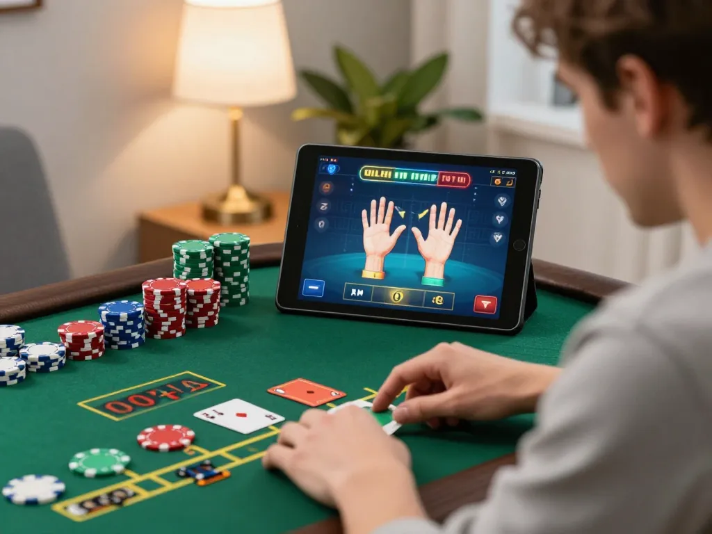 uu88 player analyzing hand in live dealer blackjack game, engaging home atmosphere, strategic gameplay