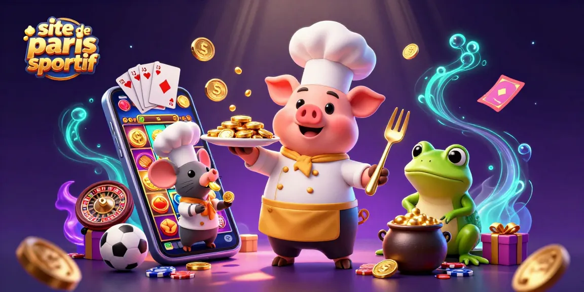 Plongez dans le site de paris sportif avec un chef cochon servant des pièces d'or autour d'éléments de jeux excitants.
