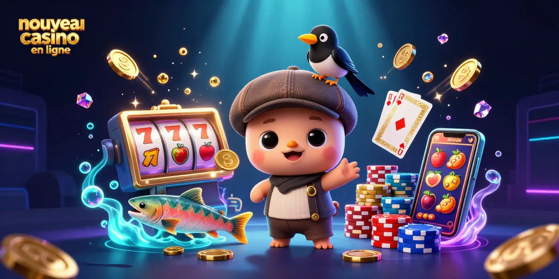 Illustration 3D d'un nouveau casino en ligne avec un bébé Nessie jouant au jeu de machines à sous.