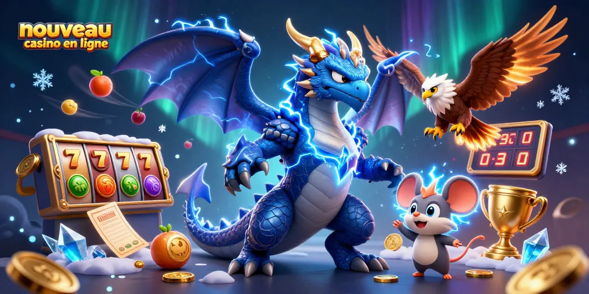 Nova casino en ligne : une illustration captivante mettant en avant un dragon, un faucon et une souris mascotte dans un cadre de casino dynamique.