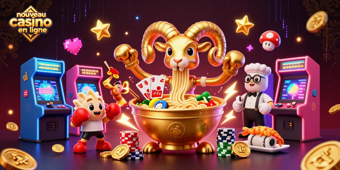 Illustration dynamique d'un nouveau casino en ligne avec un bol de ramen géant et des éléments de jeux d'arcade colorés