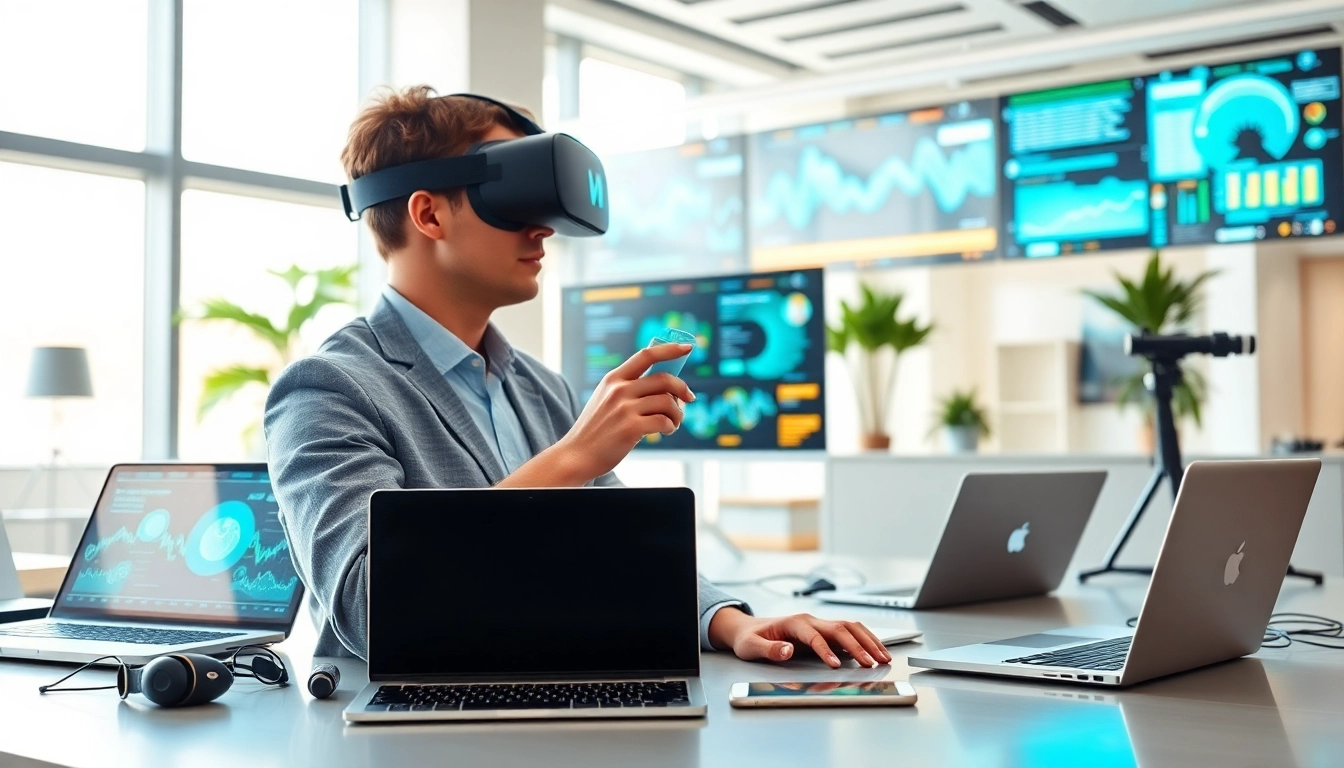 Highlighting the role of Technology through innovative office gadgets and digital interfaces.