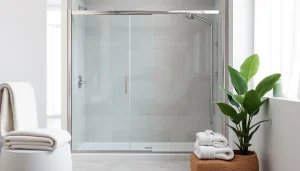 Paroi de douche élégante dans une salle de bain moderne avec finitions en verre et chrome.