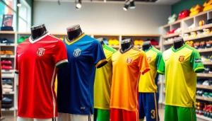 Explore cheap football kits displayed vibrantly in a retail setting with great detail.