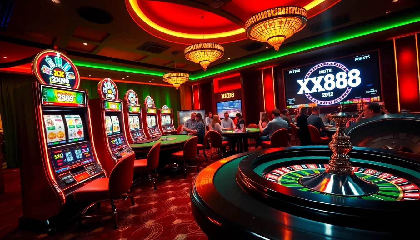 Players enjoying the excitement of xx88.pizzza with vibrant casino elements.