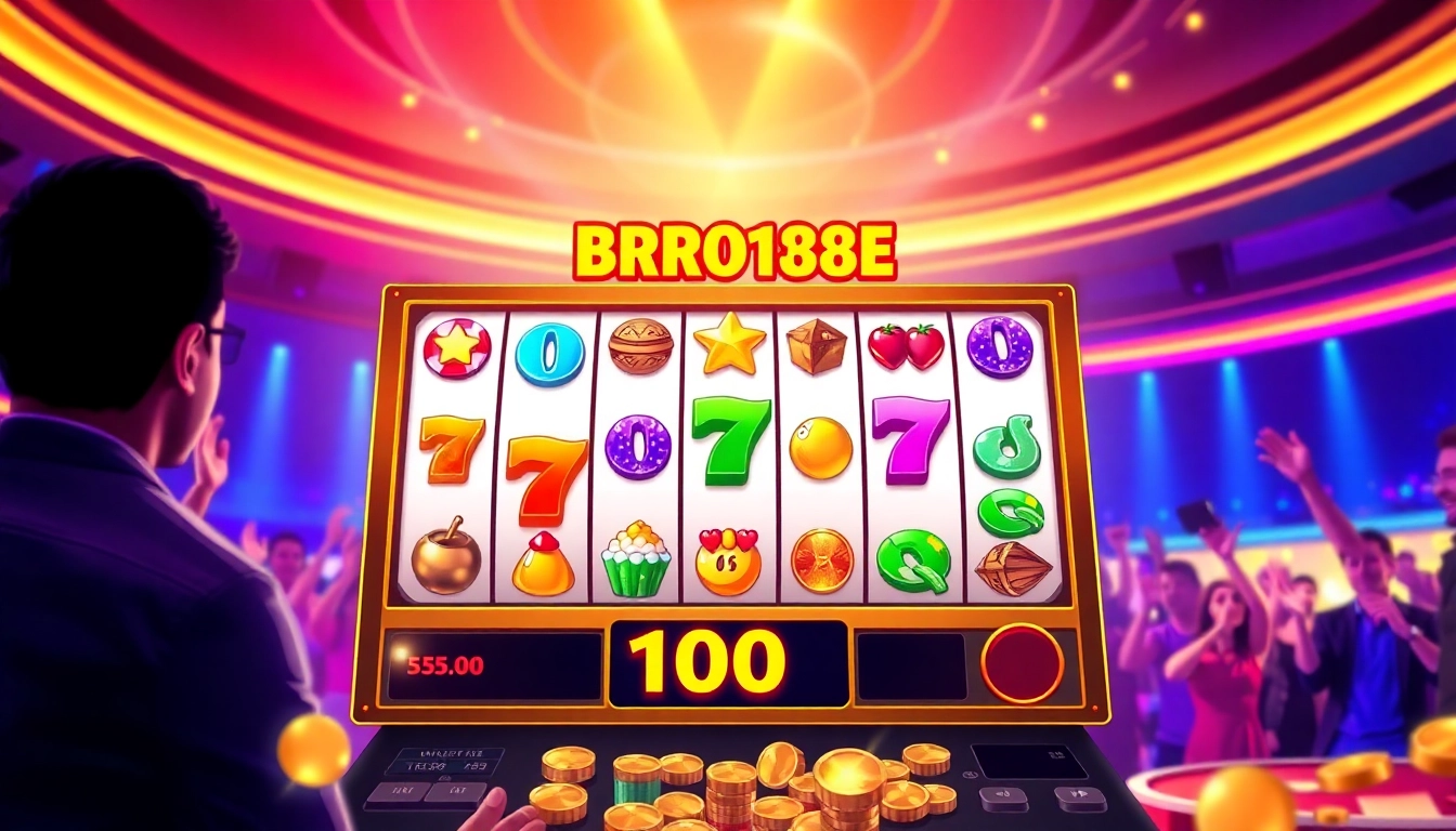 Menampilkan slot bro138 yang menarik dengan simbol kemenangan dalam suasana kasino online yang meriah.