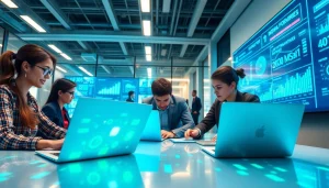 Innovative Technology collaboration in a vibrant office filled with advanced devices.