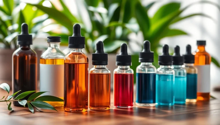 Verschiedene liquid Flaschen mit leuchtenden Farben auf einem Holztisch arrangiert.