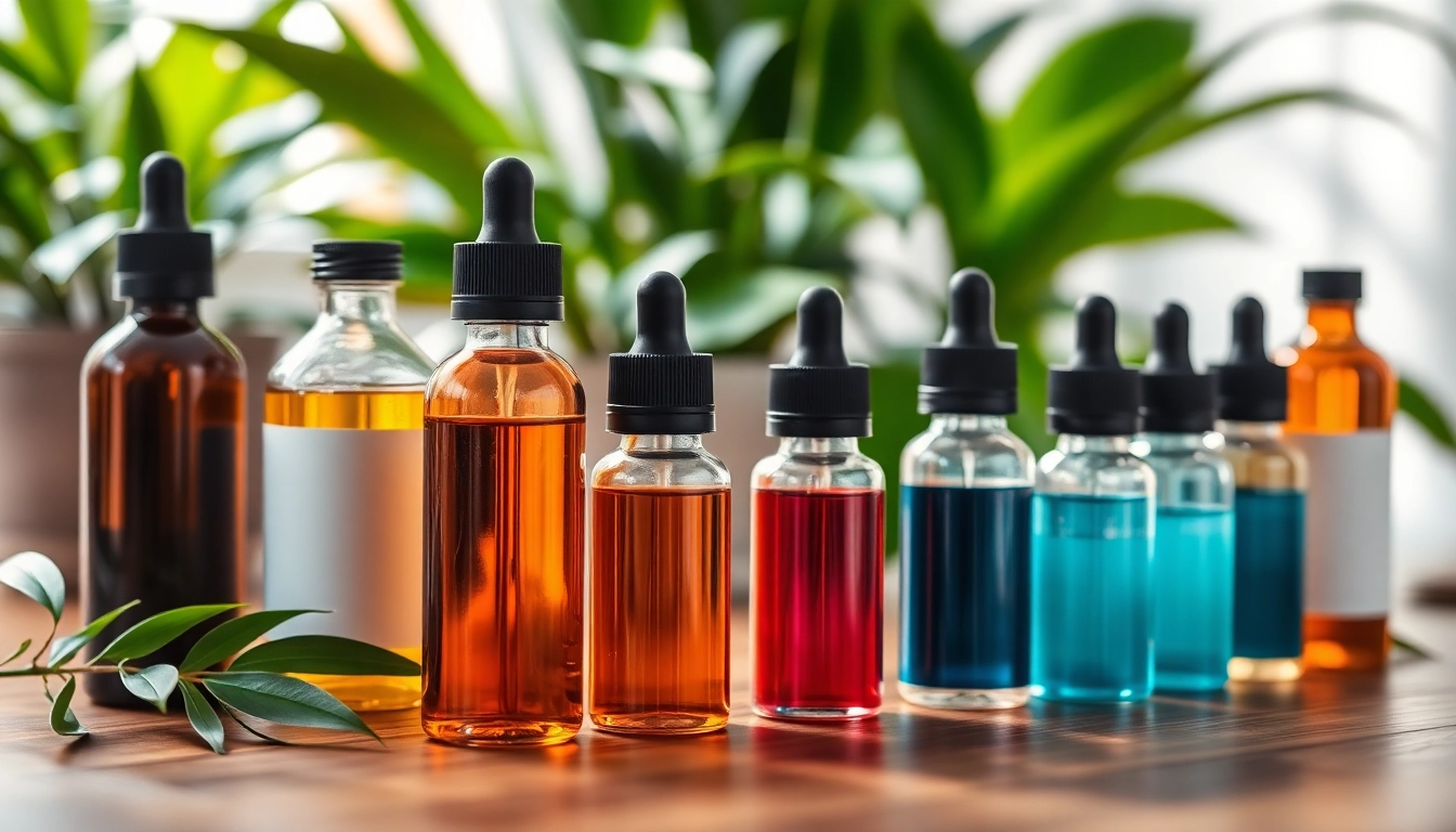 Verschiedene liquid Flaschen mit leuchtenden Farben auf einem Holztisch arrangiert.