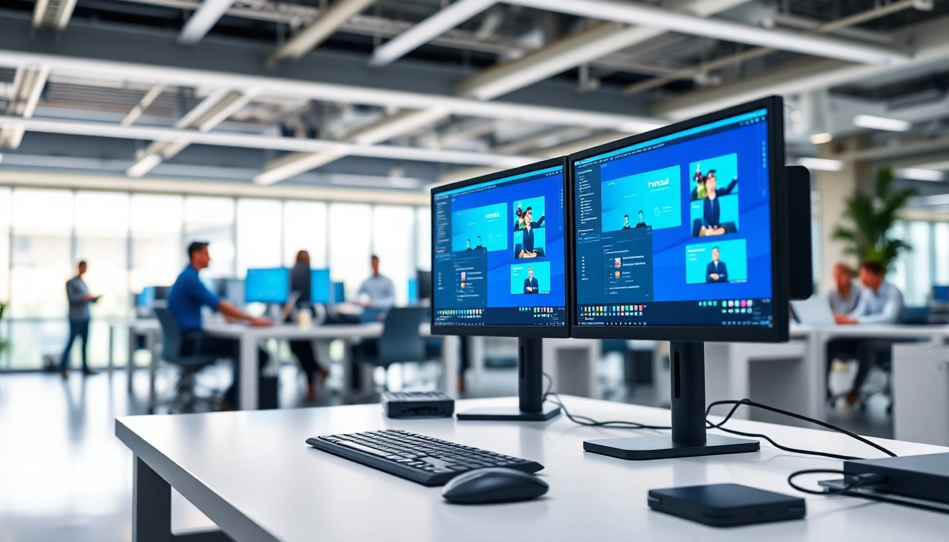 Illustration of Virtual Desktop Infrastructure (VDI) in a modern workspace with multiple virtual desktops.