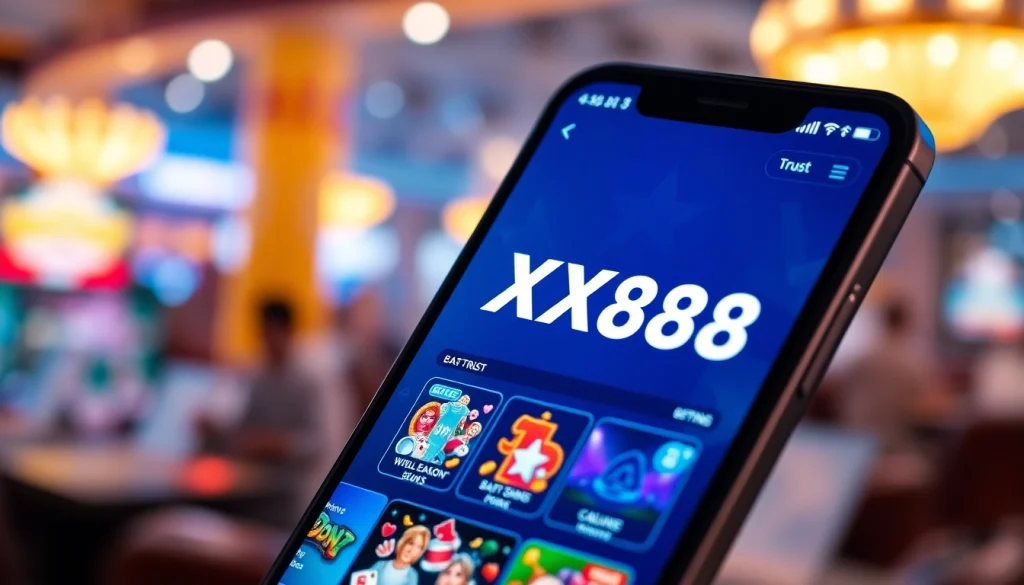 Interactive online gaming interface on a smartphone showcasing features of xx88.pizza with vibrant colors and security icons.