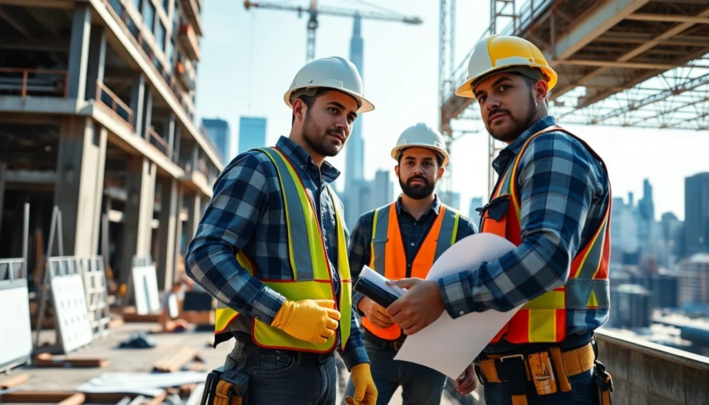 Manhattan Commercial General Contractor overseeing construction with modern tools and vibrant Manhattan skyline.