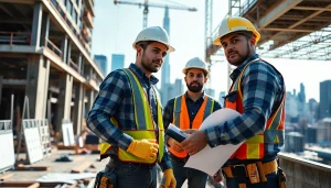 Manhattan Commercial General Contractor overseeing construction with modern tools and vibrant Manhattan skyline.
