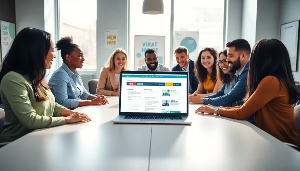 Engaged team discussing new hire jobs in a vibrant office setting.