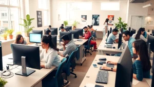 Engaged professionals at a modern typing center, showcasing collaboration and focus.