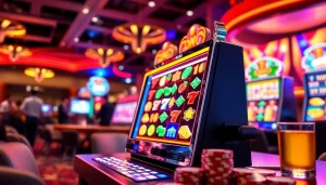 Menangkan link slot gacor dengan mesin slot yang berkilau di latar kasino yang ramai.