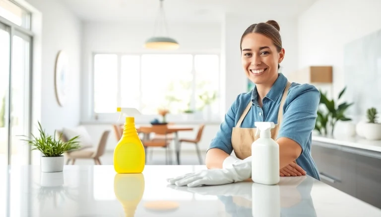 Cleaning Service professional efficiently cleaning a bright kitchen and living area.