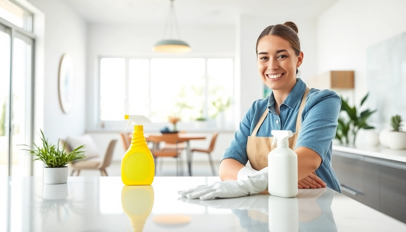 Cleaning Service professional efficiently cleaning a bright kitchen and living area.