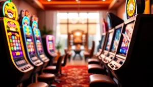 Menggambarkan situs slot yang menarik dengan mesin slot cerah dan suasana bermain yang energik.