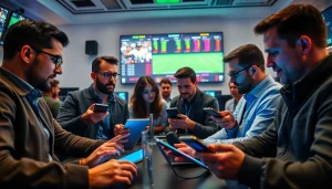Engaged users exploring the best sports betting sites in Mexico in a lively modern gaming room.