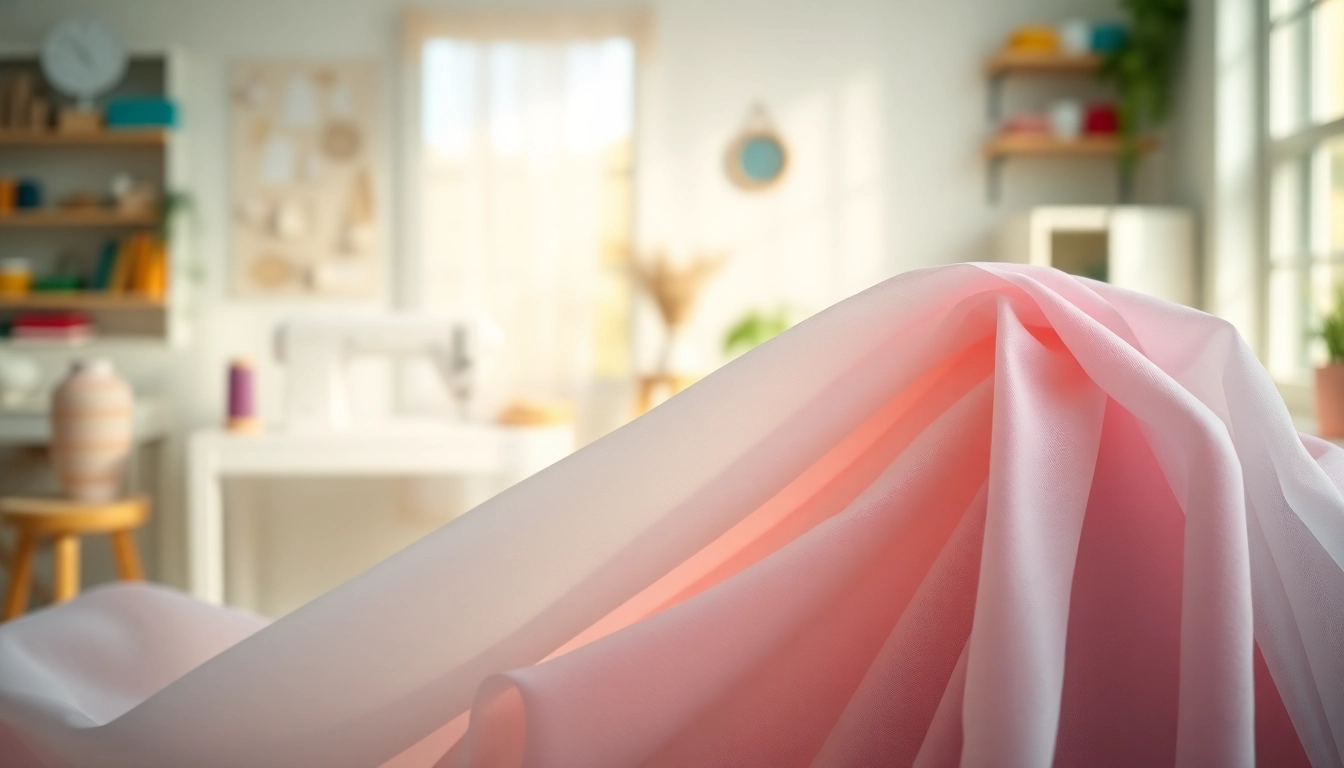 Mousseline stof met kleurrijke stoffen en creatieve sfeer in een naaiatelier.