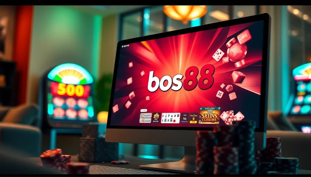 Menampilkan pengalaman permainan bos88 dengan antarmuka modern dan elemen kasino yang menyerupai suasana menarik.