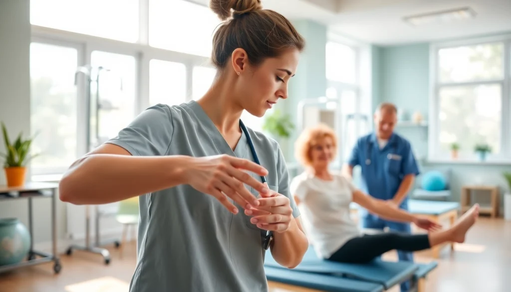 Therapist guiding a patient through rehabilitation exercises at Health in Motion Rehabilitation.