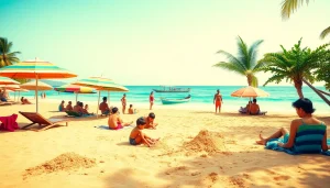 Cena de praia relaxante em Paripueira AL com famílias, águas turquesas e surfistas.
