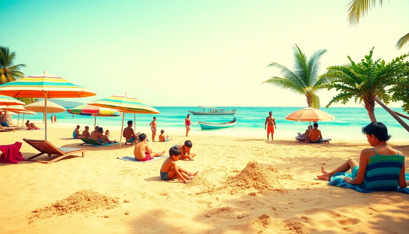 Cena de praia relaxante em Paripueira AL com famílias, águas turquesas e surfistas.